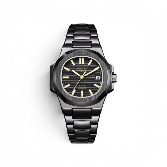 Vigilia Novaris automatic watch with black stainless steel band, black horizontal dial, and gold-tone indices.