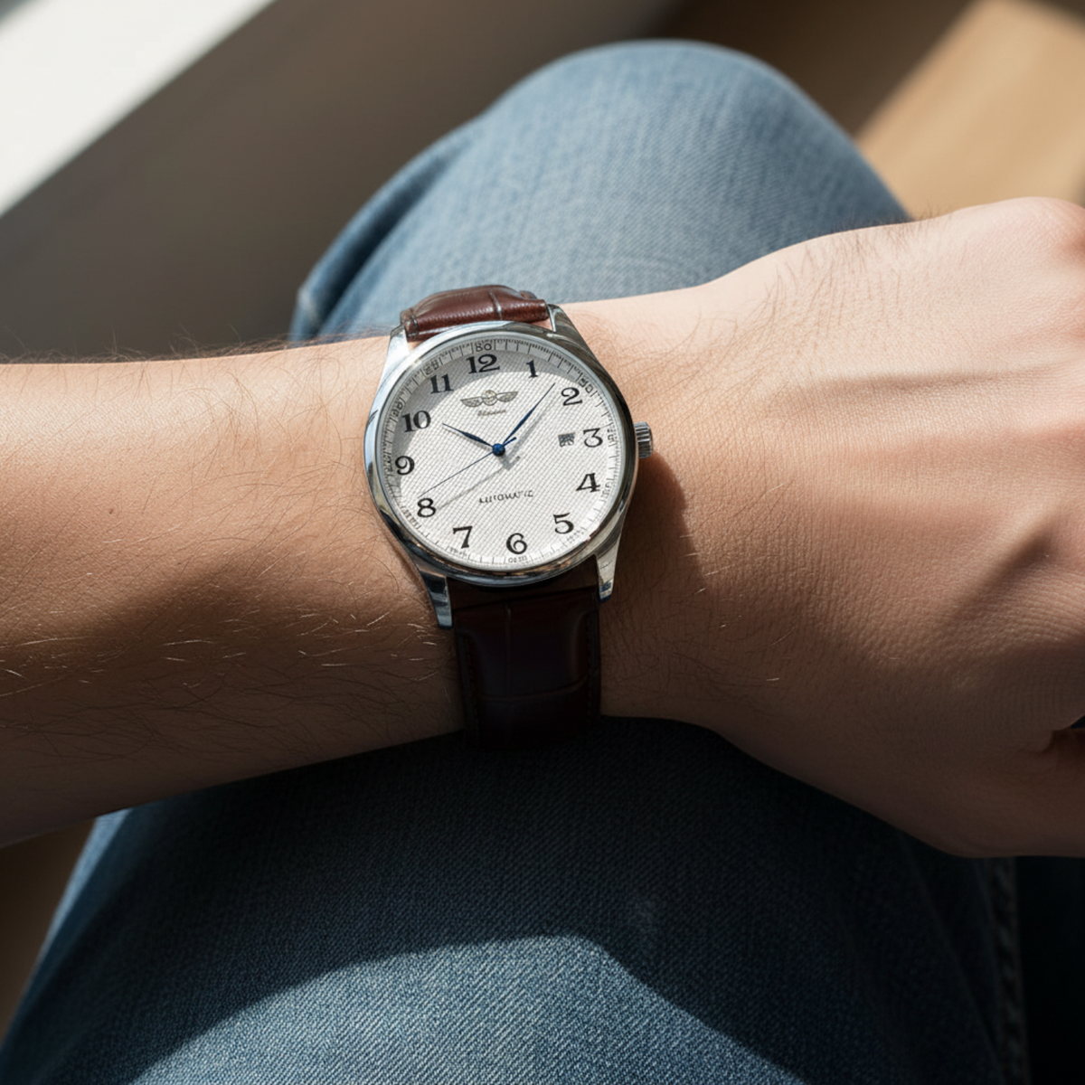 Vigilia Ozark automatic watch with a white textured dial, blue hands, and a brown leather strap on a wrist.