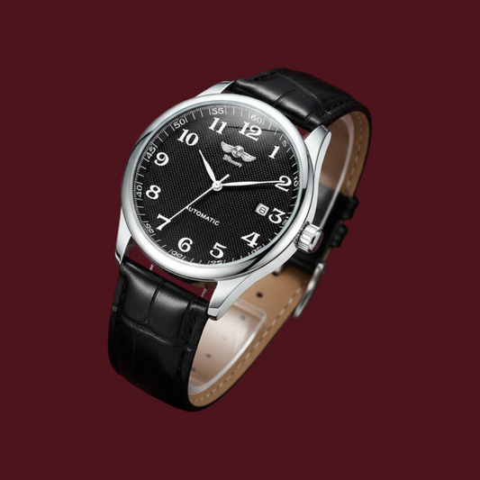 Vigilia Ozark automatic watch with a black textured dial, silver numerals, and a black leather crocodile-embossed strap
